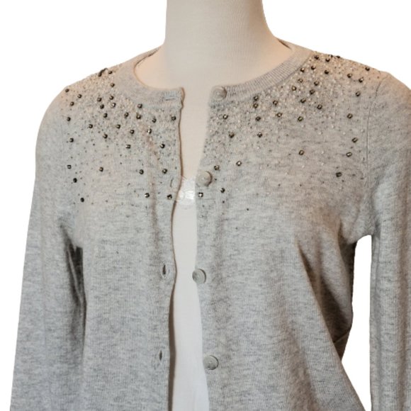 LOFT Sweaters - LOFT Women's Beaded Light Grey Long Sleeve Sweater Cardigan, Size L NWT